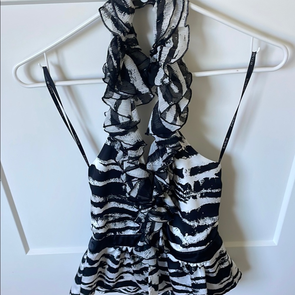 Bebe Black & White Ruffle Halter Women's Top